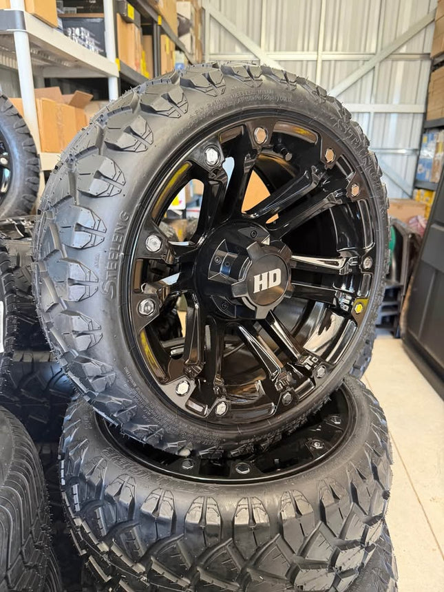 SGC 14" Black Rhino Golf Cart Wheels Premounted on Stinger 20" All Terrain Tires