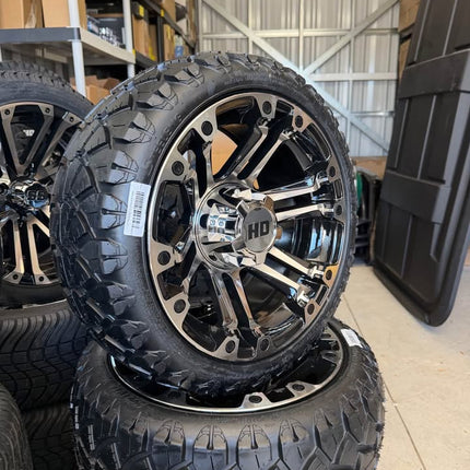 SGC 14" Rhino Chrome Golf Cart Wheels Premounted on Stinger 20" All Terrain Tires