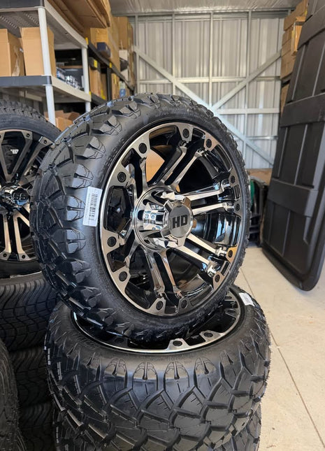 SGC 14" Rhino Chrome Golf Cart Wheels Premounted on Stinger 20" All Terrain Tires