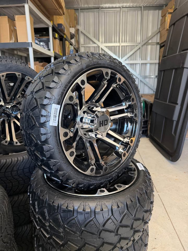 SGC 14" Rhino Chrome Golf Cart Wheels Premounted on Stinger 20" All Terrain Tires