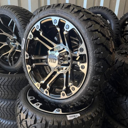 SGC 14" Rhino Chrome Golf Cart Wheels Premounted on Stinger 20" All Terrain Tires