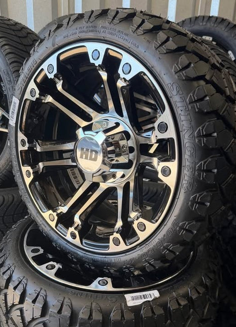 SGC 14" Rhino Chrome Golf Cart Wheels Premounted on Stinger 20" All Terrain Tires