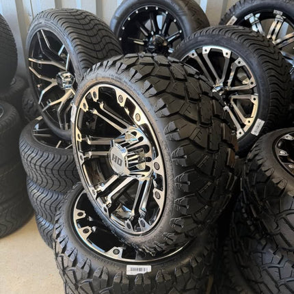 SGC 14" Rhino Chrome Golf Cart Wheels Premounted on Stinger 20" All Terrain Tires