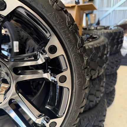 SGC 14" Rhino Chrome Golf Cart Wheels Premounted on Stinger 20" All Terrain Tires
