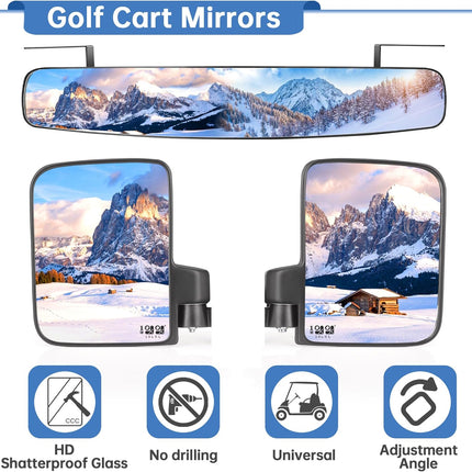Universal Golf Cart Rear View Mirror + Foldiong Side Mirror Bundle
