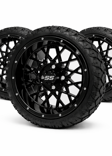 SGC 14" Black Venom Golf Cart Wheels Premounted on Stinger 20" All Terrain Tires