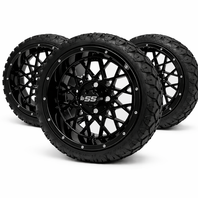 SGC 14" Black Venom Golf Cart Wheels Premounted on Stinger 20" All Terrain Tires