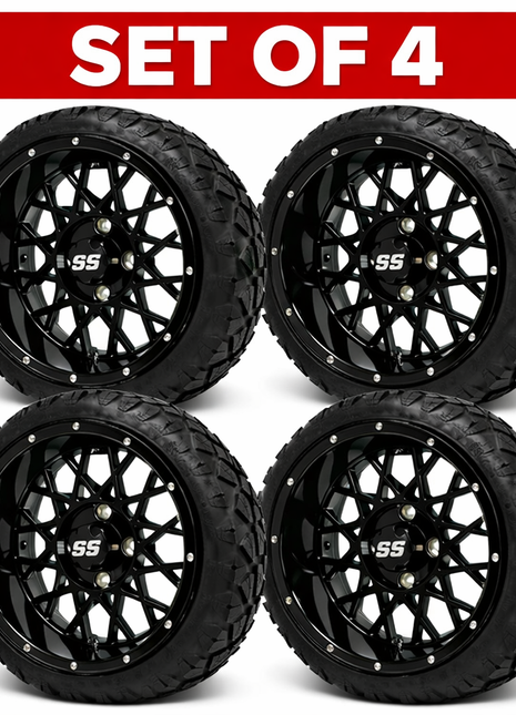 SGC 14" Black Venom Golf Cart Wheels Premounted on Stinger 20" All Terrain Tires