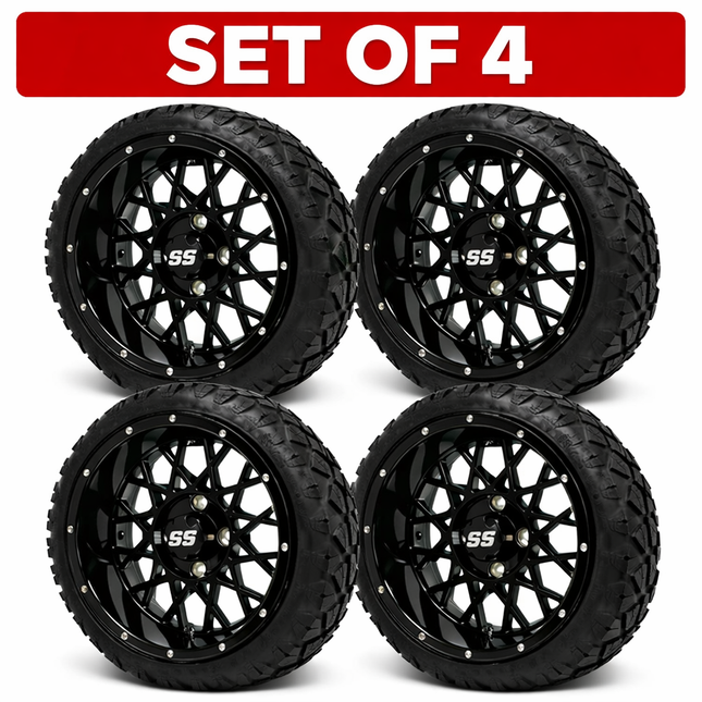 SGC 14" Black Venom Golf Cart Wheels Premounted on Stinger 20" All Terrain Tires
